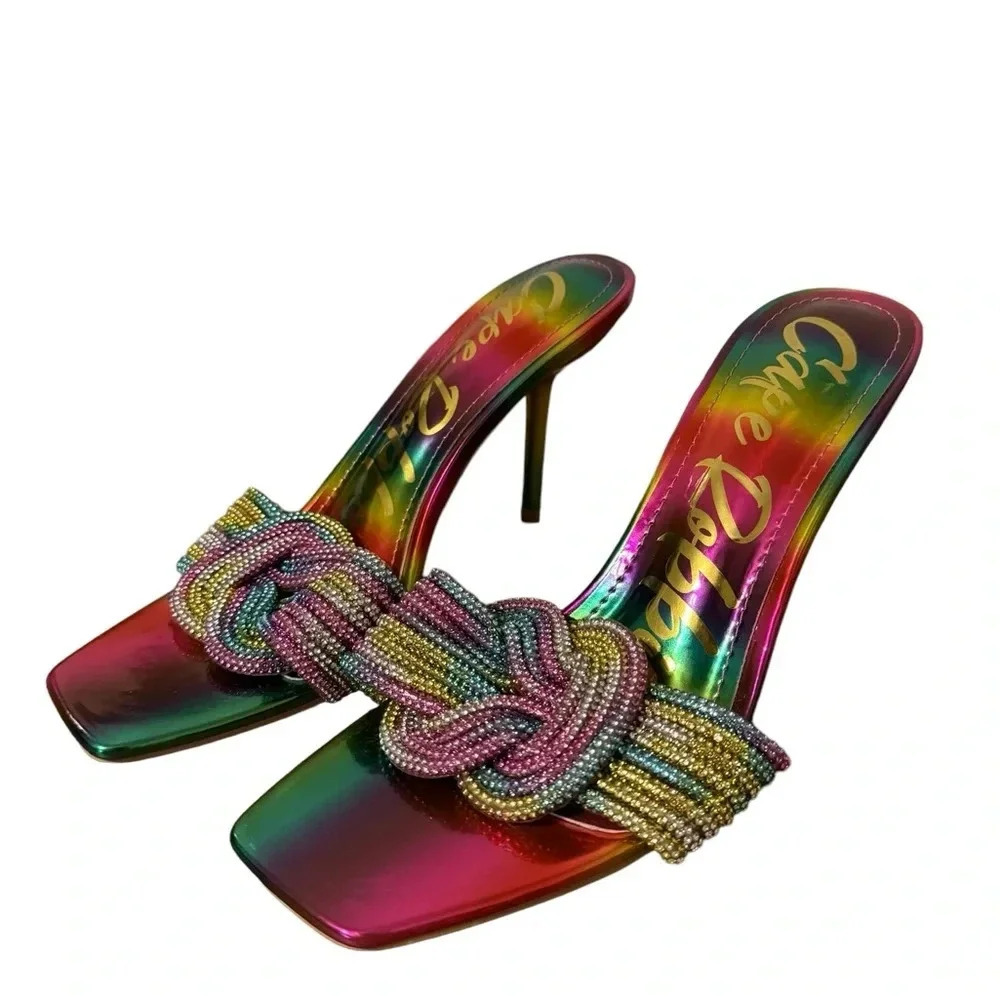 🌈 Cape Robbin Rainbow Metallic Beaded Knot Heels Sz 8.5‎ NWT 🌈